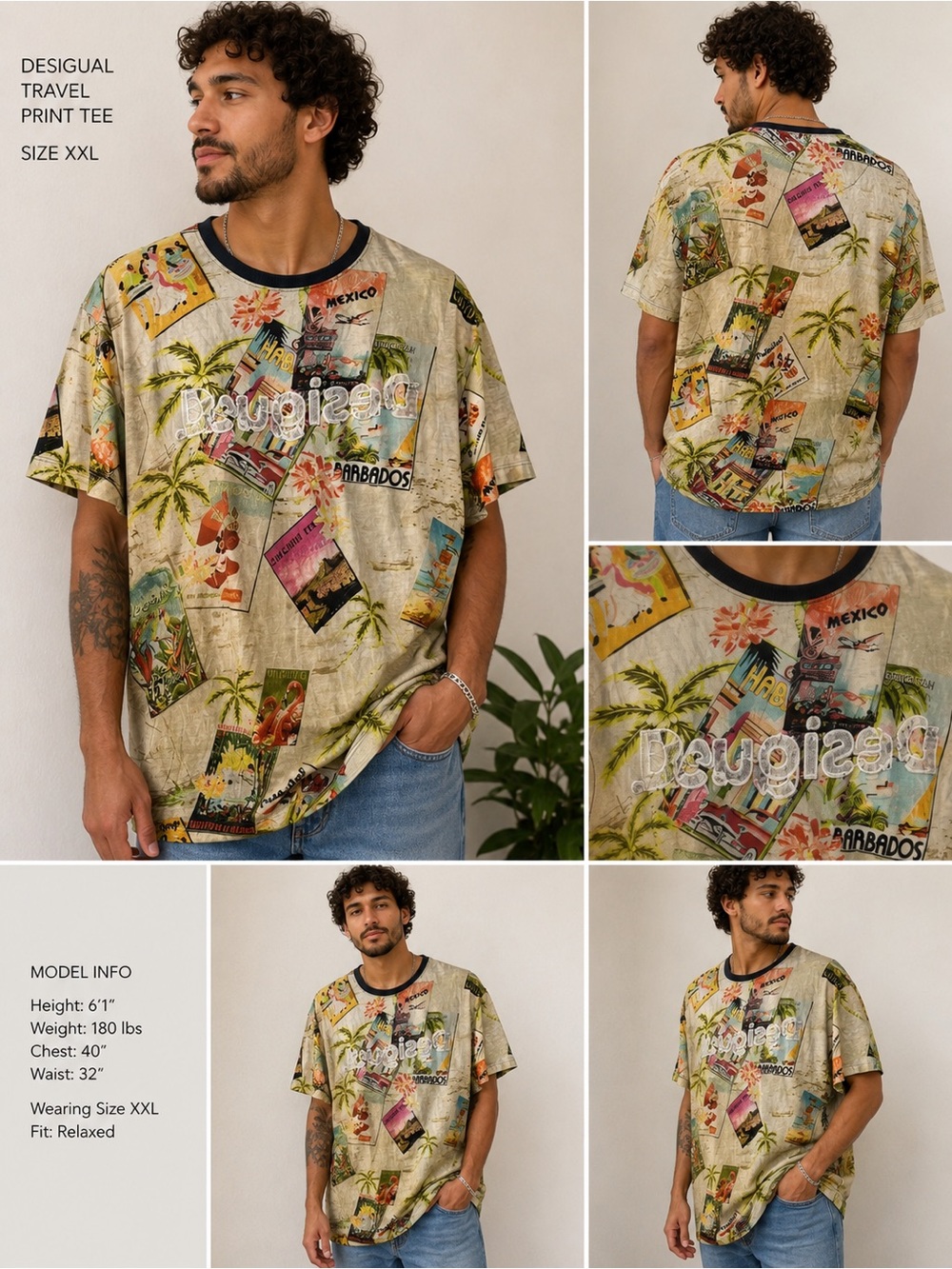 Desigual XXL Tropical Postcard Print Graphic Tee Shirt Barbados Mexico Travel